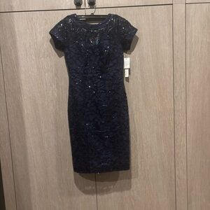 Maggy London Petite 2P Navy Sequin Lace Cocktail Sheath Dress NWT